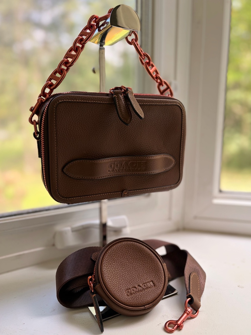 Coach Brown Charter Crossbody Bag with Coin Pouch and Rose-Gold Hardware